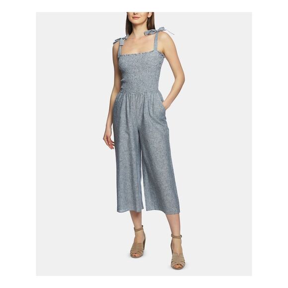 1. STATE Pants - 1. STATE Womens Gray Pinstripe Square Neck Jumpsuit XS